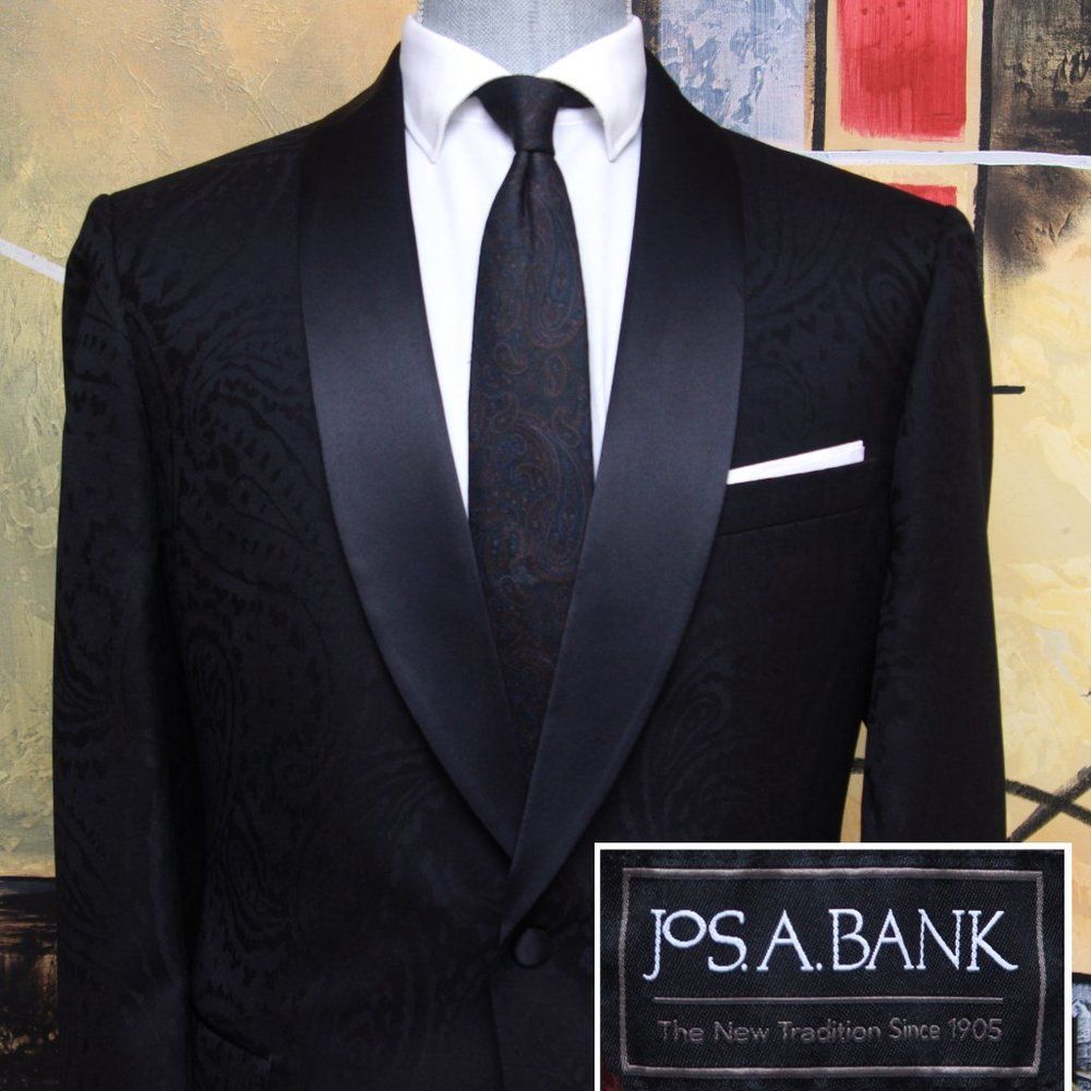 40R JOS A BANK Slim Fit Tuxedo Jacket Paisley Dinner Jacket Blazer Black D020106